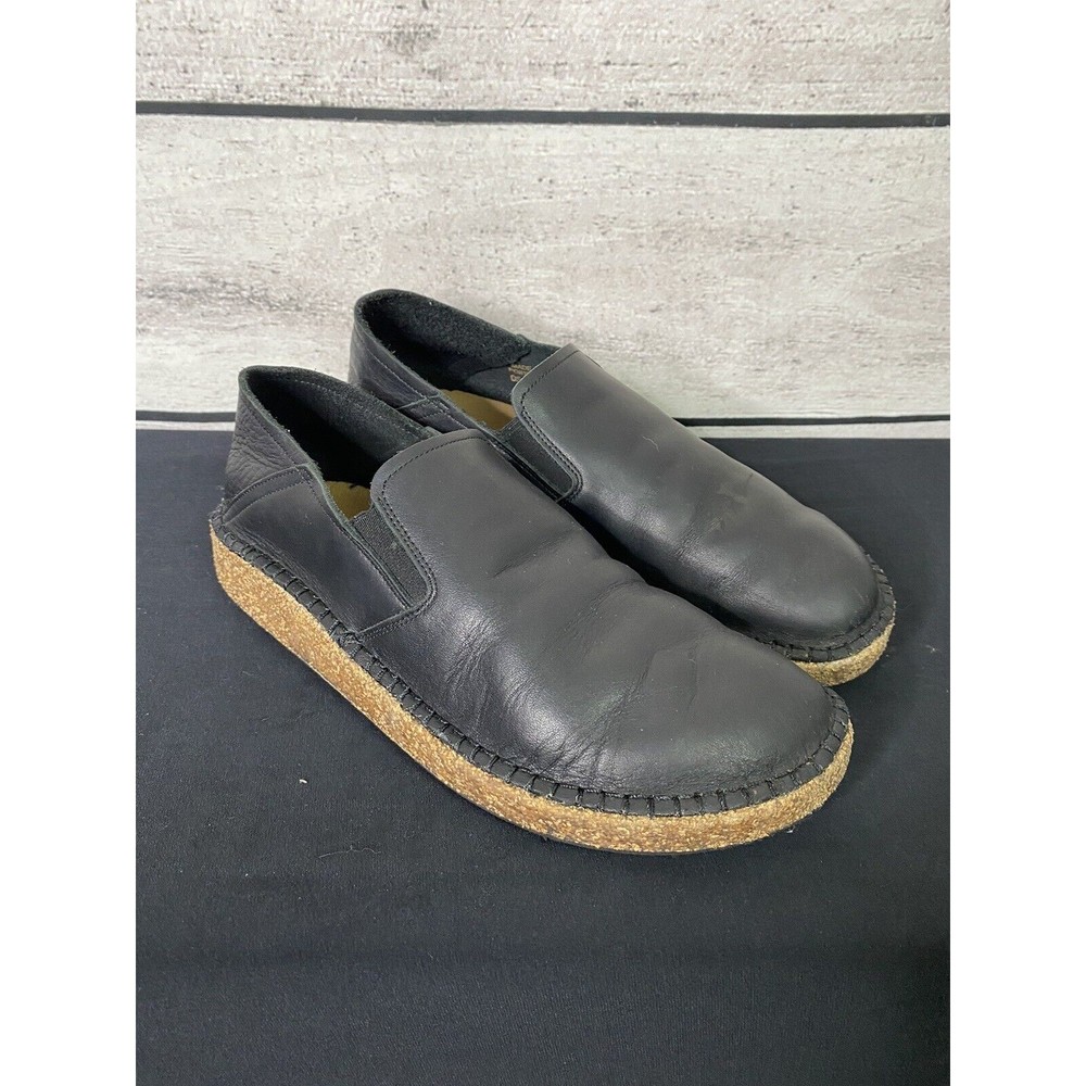 Birkenstock Black Leather Slip-On Flats with Cork Sole